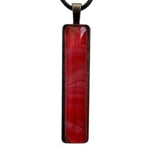 Handmade Red Rectangular Pendant Necklace Long Bar Fluid Art Black Cord